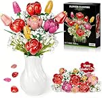 Rose Tulips Flowers Building Blocks Bouquet Set, Red Rose Artificial Flowers for Office or Home Decoration, Valentine's Day, Mother's Day, for Women, Adults, Kids, Girls, No Vase