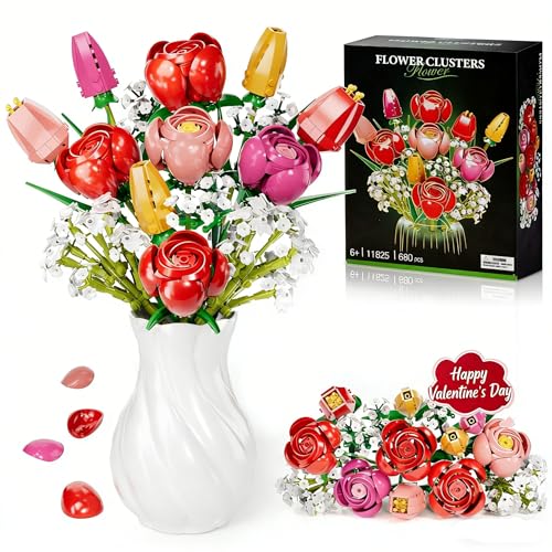 Byuert Kit de Construction de Fleurs avec 13 Plantes Roses et Tulipes - Un Cadeau pour la Saint-Valentin, la fête des mères ou Un Anniversaire, pour Les Adultes et Enfants 6+