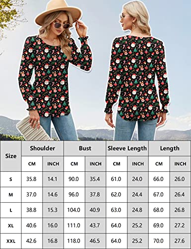 Lomon Christmas Blouses For Women Puff Long Sleeve Tunic Tops Pleated Crew Neck Loose T Shirts(Santa Claus Black,M) #TOP4