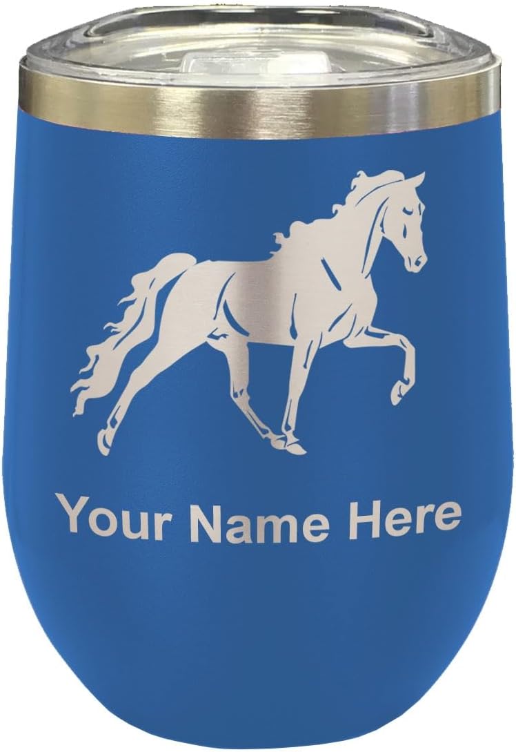 LaserGram 16oz Double Wall Stainless Steel Wine Glass Tumbler, Horse, Personalized Engraving Included (Light Purple)
