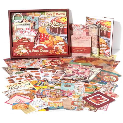 Draupnir Kit d'accessoires de Scrapbooking, Rouge Vintage Bullet Journal Scrapbook Kit avec A6 Grille Carnet, DIY Cadeau de Scrapbooking pour Adolescentes - Food Diary