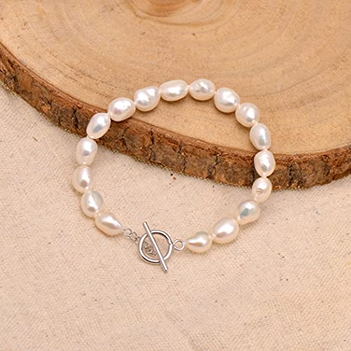 8-9Mm Freshwater Cultured White Semi Baroque Pearls Bracelet Toggle Clasp #TOP1