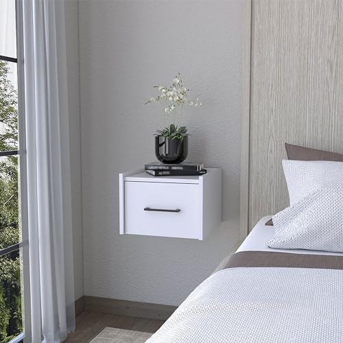 RiouPsithuric Mesita de Noche Flotante Blanca de Pared, Estante Lateral Que Ahorra Espacio con cajón, mesita de Noche Flotante Moderna para instalación en Pared, Ideal para dormitorios pequeños,