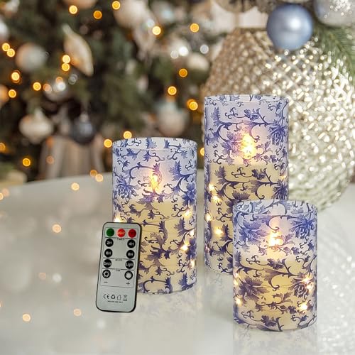 Image of Floral Flickering Flameless Candles, Recessed String Light LED Candles 3D Wick Acrylic Battery Operated LED Pillar Candles with Remote and Timer for Home Decor Set of 3(Blue & White)
