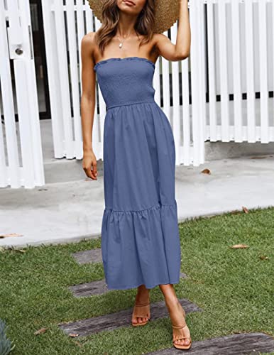 Image of ZESICA Women's Summer Boho Strapless Maxi Dress 2026 Casual Off Shoulder Smocked Flowy A Line Beach Holiday Long Dresses