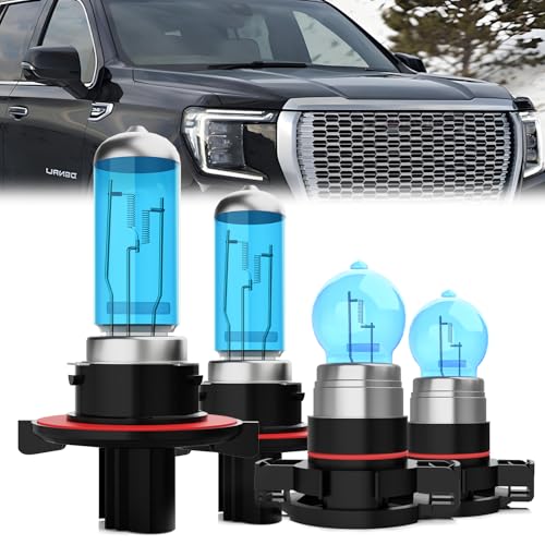 Image of Headlight Bulbs Compatible With GMC Yukon XL 2007-2008, H13 High Low Beam + 5202 Fog Lights Halogen Light Bulb Combo, Super Bright 6000K White, Plug and Play, Pack of 4