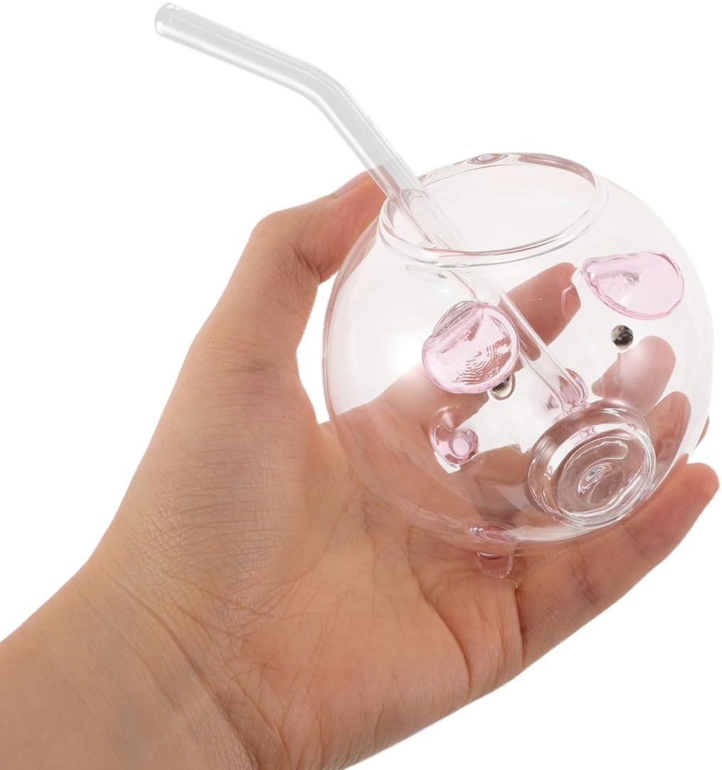 PRETYZOOM Pig Glass Drinking Cup: 220ml Clear Cocktail Cup with Straw for Cappuccino Juice Water Or Beer Adorable Animal Shaped Glass Mug | Straw Shape At Random