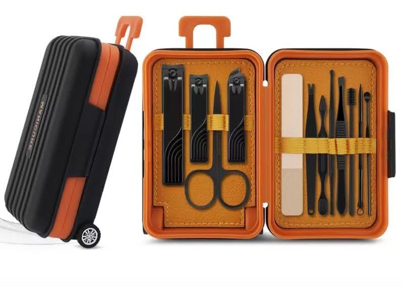 QUIRA 12-in-1 Travel Manicure & Pedicure Kit with Nail Clippers, Scissors, Nail File, Cuticle Trimmer, Tweezers & Ear Pick | Stainless Steel Nail Care Grooming Set in Portable Suitcase Case (Black Orange)-image-10