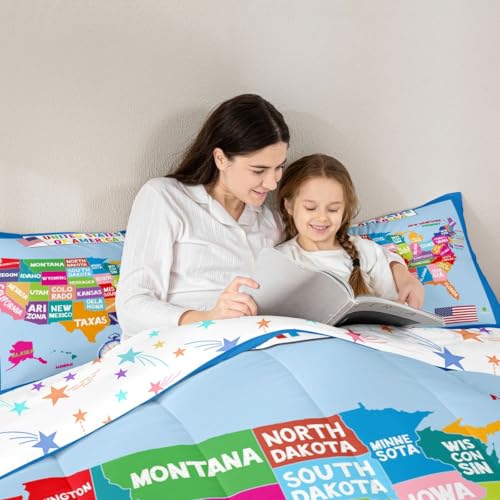 Image of Feelyou Geography USA Map Comforter Set Full Size, Educational Map Bedding Set for Kids World Geography Comforter Learning Educational Duvet Set Microfiber Bed Set