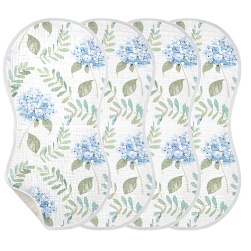 Image of Muslin Baby Burp Cloths, Blue Floral Hydrangeas with Leaves Baby Bibs Rags Comfy Soft Absorbent in for Newborn Boys and Girls 4 Piece 22 x 11 Inch