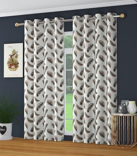 Image of Yarnis Polyester Feather Printed Light-Filtering Curtains 7 Feet Long Set of 2 for Door Living Room, Brown, Parda