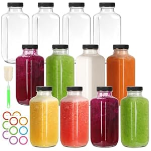 16 oz Glass Juice Bottles with Lids 12 Pack,Reusable Glass Drink Bottles,500ml Water Drinking Jars for Milk,Juicing,Kombucha,Ginger,Beverage Glassware,Juice Drinking Jars