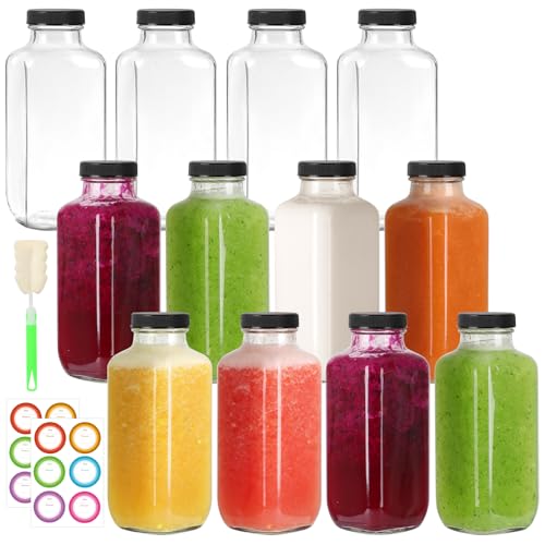 16 oz Glass Juice Bottles with Lids 12 Pack,Reusable Glass Drink Bottles,500ml Water Drinking Jars for Milk,Juicing,Kombucha,Ginger,Beverage Glassware,Juice Drinking Jars