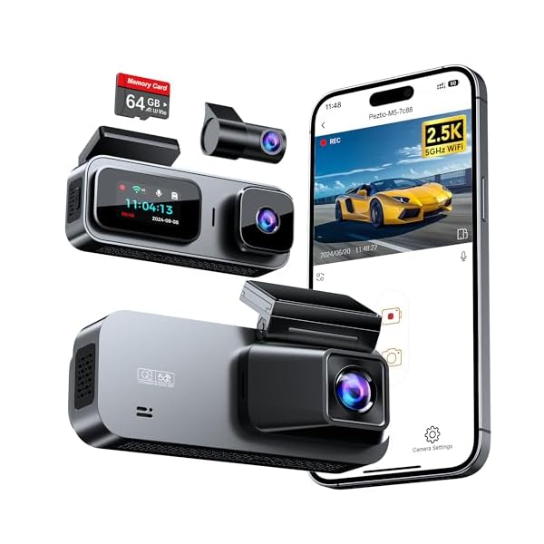 3 Channel 5GHz WiFi Dash Cam with 64GB Card, 2.5K+1080P Dash Cam Front and Rear/Inside, 2.5K+1080P+1080P Three Way Dash Camera for Cars, Dashcam 24H Parking Mode, Support 256GB Max Silver