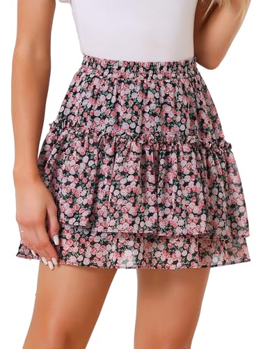 Allegra K Women's Floral Skirt Tiered Ruffle Print Chiffon Cute