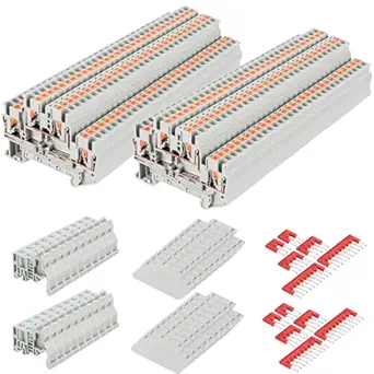 Saysurey DIN Rail Terminal Block Twin Spring Terminal Connectors Push in Type PT Screwless Wire Wiring Connector with 10 Covers 10 End Stops 6 Jumpers (ST2-2.5/2-2, 112)