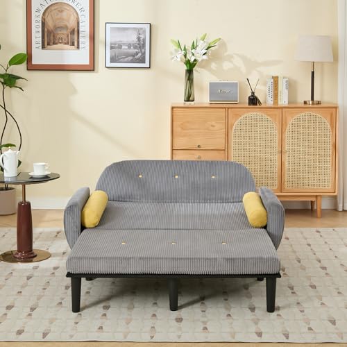 A ALFRESCOOL Sofa mit Schlaffunktion, Schlafsofa Klein, Cord Sofa 2 Sitzer, Kann als Sofa, Bett und Liegestuhl, Samtpolsterung für Wohnzimmer und Schlafzimmer, 180 * 128 * 53cm (Grau)