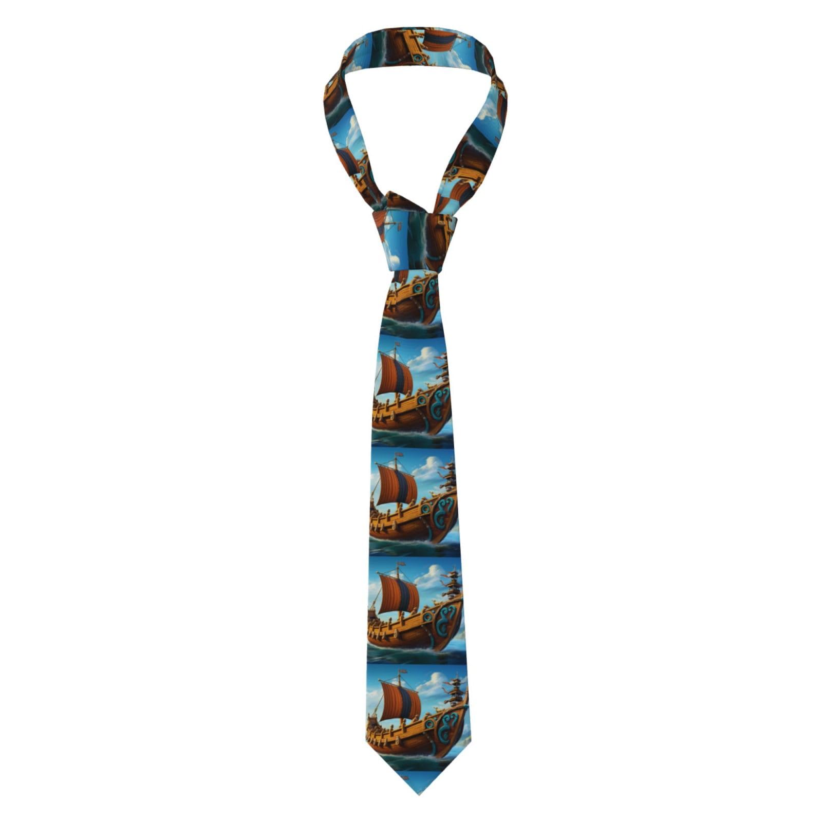 Xbkgoha Men's Black Vikings Boat Printed Tie Classic Style Suit Cravat Suitable For Holidays And Work