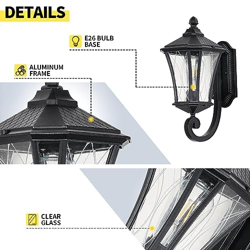 2 Pack Outdoor Wall Lights with Clear Glass Casing for Garage, Doorway, Entryway Patio and Bedside Christmas Decorations Indoor, Waterproof Exterior Wall Light Fixtures with E26 Base Socket