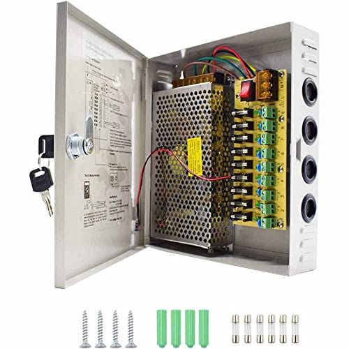 Vetrineinrete® Alimentatore stabilizzato per telecamere videosorveglianza con 9 uscite canali Box Telecamera 12V 10A 220v A22