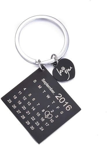 Llavero y llavero de acero inoxidable grabado personalizado personalizado con fecha grabada, regalo de boda (corazón negro)