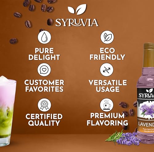 Syruvia Lavender Syrup – Lavender Coffee Syrup Flavor, 25.4 fl oz, Kosher, Gluten Free, Perfect for Coffee, Drinks, Soda, Desserts, and More, With Syrup Pump