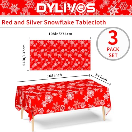 DYLIVeS 3 Pcs Red and Silver Snowflake Tablecloths, Christmas Frozen Snowflake Table Cover Disposable Plastic Winter Holiday Table Cloth for Christmas Birthday Party Decoration Supplies, 54 x 108 Inch – Image 2