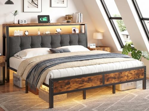 Image of Homkdom King Bed Frame,Upholstered Storage Headboard,Charging Station,Brown | LED Linghts, 12 inch Under-Bed Storage,2AC Outlets&1USB-C&1USB-A,Noise-Free,Quick Assembly,Supports up to 1100 lbs