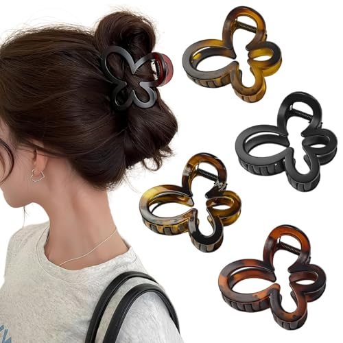 Ypkia 4 pinzas para el pelo de mariposa, tamaño mediano, color negro, carey tortuga para mujer, accesorios para el cabello gruesos y finos (7 cm)