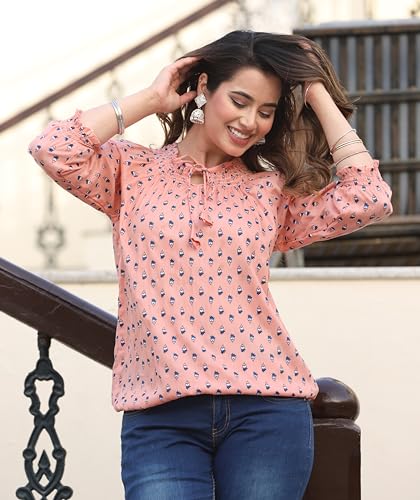 Image of Himanshi Enterprises Women's Traditional Casual 3 /4 Sleeves Mandarin Nack Rayon Floral Printed Short Kurti