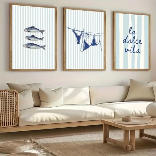 Affiche sur toile de style cotier rayures bleues pour un salon ambiance estivale