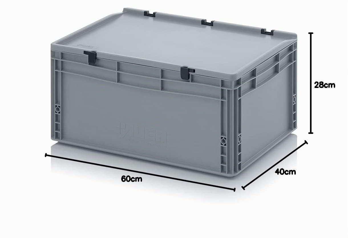 Eurobehälter + Scharnierdeckel ED 64/27 HG Auer, grau, 56l Kunststoffbox 60x40x28,5cm Handgriffe geschlossen | Industriebehälter Kommissionierbox Lagerkiste stapelbar Lebensmittelbox Stapelkiste