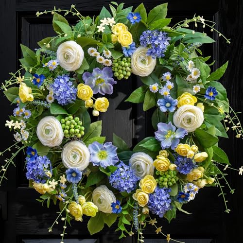 24 Inch Spring Wreath for Front Door Artificial Hydrangea Anemone & Wild Daisy Flowers with Berry Accents Spring and Summer Door Wreath for Indoor Outdoor Decor