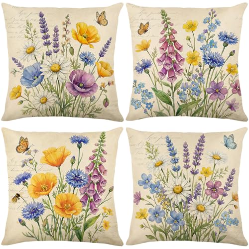 wyooxoo Throw Pillow Covers 16x16 Set of 4 Spring Pillow Covers Linen Flower Farmhouse Cushion Case for Sofa Couch Living Room Outdoor Home Decor