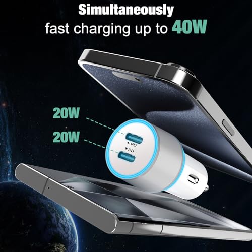 2 Pack 40W Fast USB C Car Charger Adapter for iPhone 15 Pro Max/Plus/Samsung Galaxy S24 Ultra/S23/S22 fe Car Phone Charger, Dual 20W PD Port Cigarette Lighter USB Charger with 3.3FT Type C Cord-White