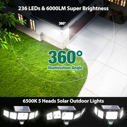omibee Solar Lights Outdoor 6000LM 236 LEDs Motion Sensor Outdoor Lights, 5 Heads Security Wall Lights,3 Mode, IP65 Waterproof Flood Lights with Remote Control for Garden, Backyard,2 Pack - image 2