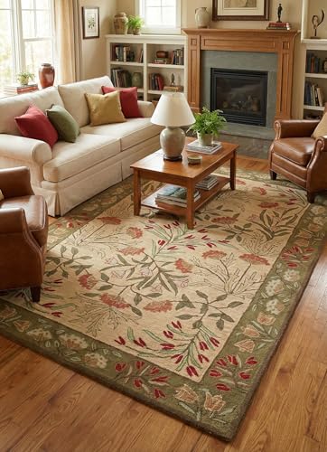 Image of Restoration and Renovation Handmade Floral Adeline Beige /Blue Tulips Traditional Crafted Wool Area Rug for Living Room Bedroom and Kitchen (Multi Color, 6' x 9')