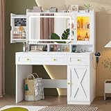 CSZZD Vanity Desk with Mirror and Lights, White Makeup Vanity Desk with Charging Station, Dressing Table with Storage Drawers, RGB Cabinets and Hidden Jewelry Rack for Bedroom, 3 LED Light Modes