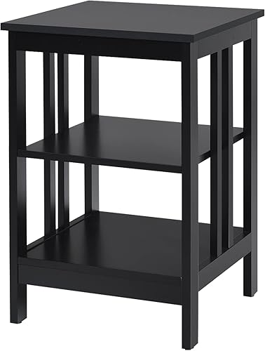 KOTEK Mesita de noche de 3 niveles, mesa auxiliar de madera para sofá con estantes de almacenamiento, estructura estable, mesa auxiliar para Negro