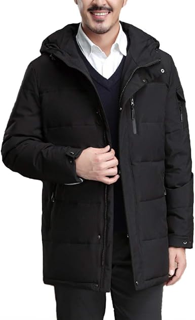 Amazon Com Raylans 男款冬季絎縫保暖羽絨夾克厚連帽中長款蓬鬆外套 經典 黑色 服裝 鞋子和珠寶