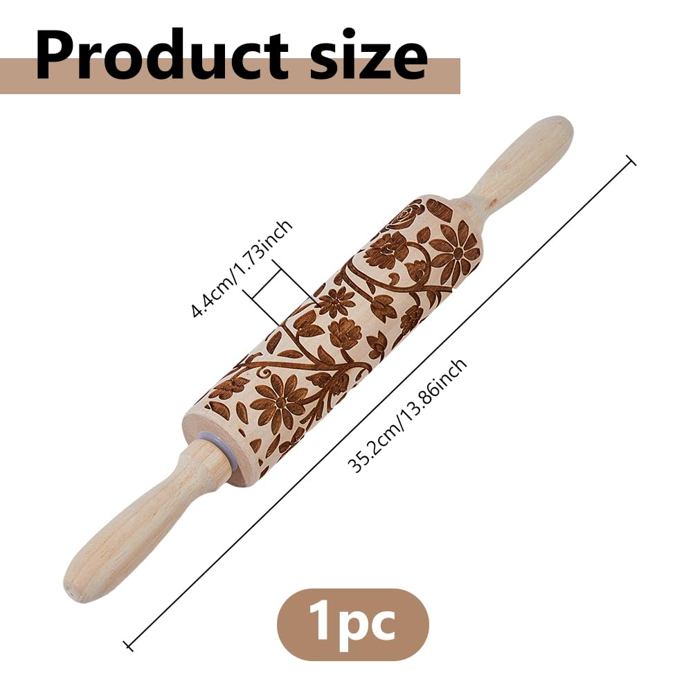 DICOSMETIC Rodillo de madera con diseño floral 3D, 35 cm, herramienta de cocina para hacer estallar masa para galletas, gofres y pasteles (estampado floral)