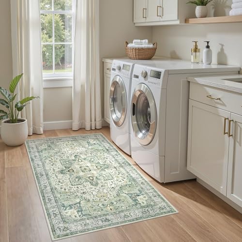Tortania Area Rug Living Room Rugs - 3x5 Washable Rug Vintage Oriental Distressed Farmhouse Small Thin Indoor Carpet for Living Room Bedroom Under Dining Table Home Office - Green