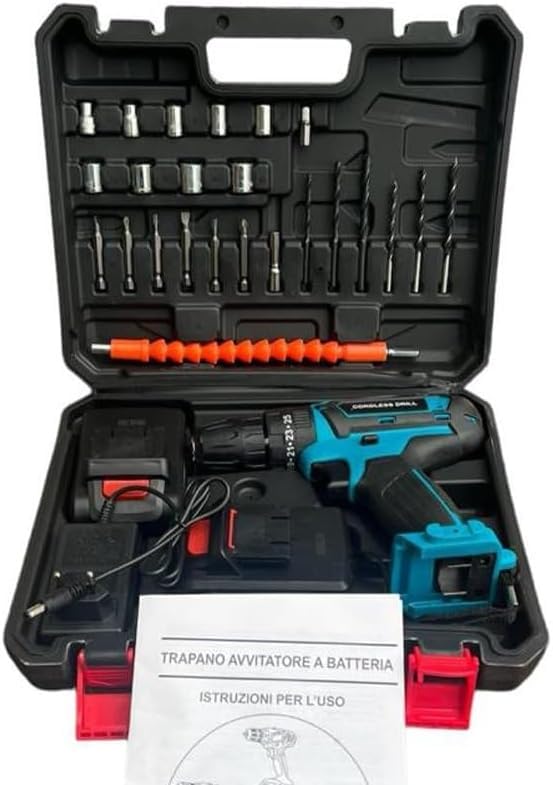 Taladro atornillador inalámbrico, 48 V, batería de litio, kit completo con 2 baterías, maletín y juego de accesorios