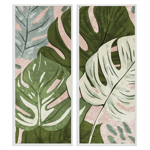 'Modern Layered Monstera Leaves'| 2pc Framed Giclee Art Set 2