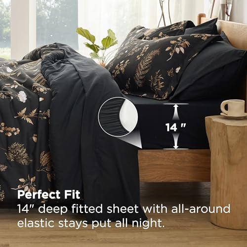 Image of Bedsure Floral Black Comforter Set, Queen Bedding Sets, 7 Piece | Bed in a Bag, Comforters, Bedroom, Reversible, Fluffy, Whisper-Quiet, All-Season, Polyester, Easy Care, Botanical-Chic, OEKO