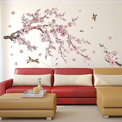 decalmile Flower Tree Branch Wall Stickers Cherry Blossom Floral Birds ...