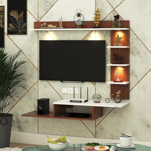 Image of Wintor Engineered Wood Wall Mounted TV Unit with 4 LED Lights, 3 Open Shelves, 1 Storage Box & Decorative Display Shelf for Living Room | Ideal for Upto 43 Inch TV- Walnut /White(DIY Assembly)