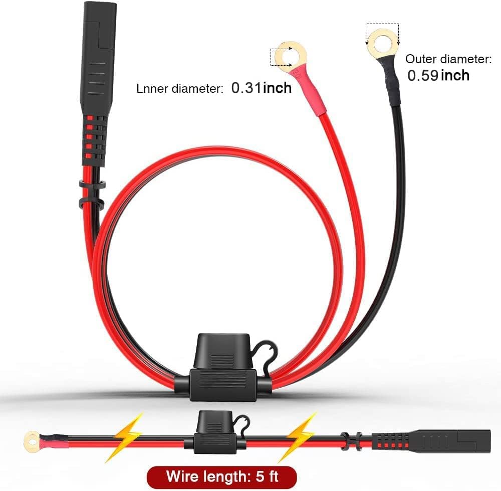 Extractme 5FT Ring Terminal Harness with 20A Fuse, SAE to O Ring Connecters Extension Charge Cable 14AWG, 2-Pin SAE Quick Disconnect Plug Battery Cord for Motorcycle, Car