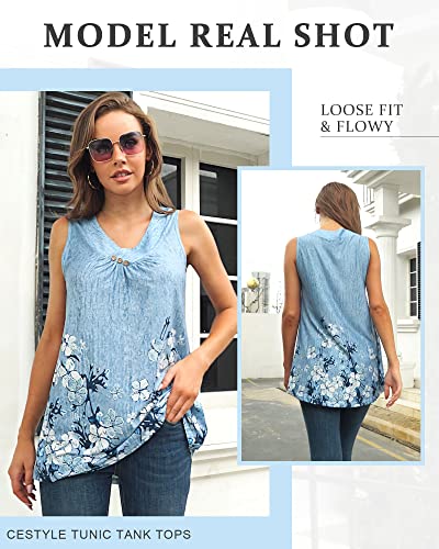 Cestyle Floral Tops For Women Blue, Women's Casual Wear Long Tank Top Elegant Sleeveless V Neck High Low Hem Patterned Comfort Maternity Tunics X-Large #TOP2
