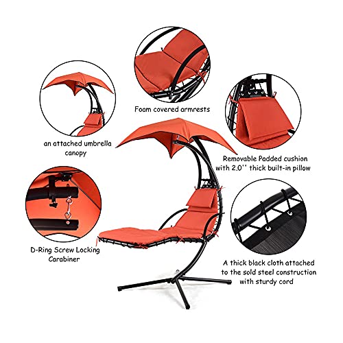 Outdoor Hanging Curved Steel Chaise Lounge Chair Swing,For Backyard, Patio, Weather-Resistant Pillow,Removable Canopy Shade, Steel Stand,Brown #TOP5